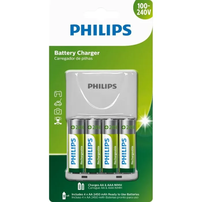157228-800-800 Carregador Philips c/ 4 Pilhas AA Recarregáveis - Imagem 1