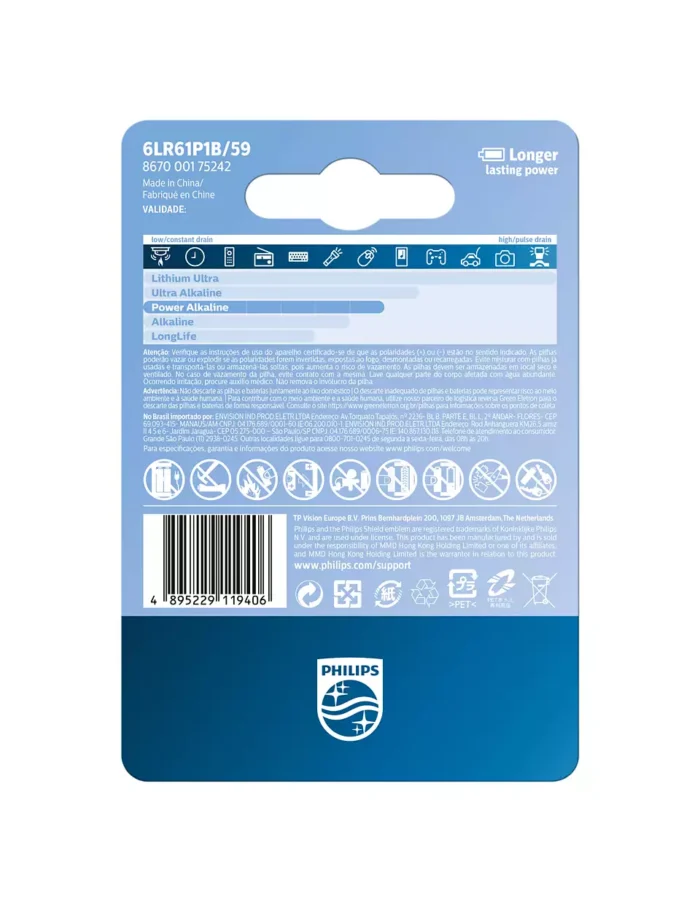 Bateria Philips 9v Alcalina com 1 unidade - Imagem 2