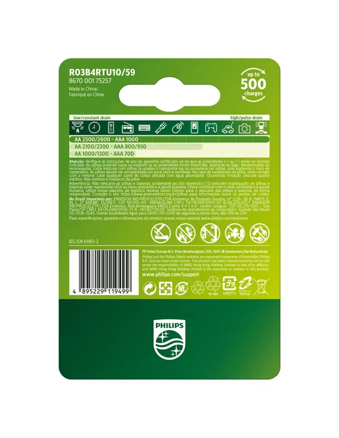 Pilha Philips Recarregável AAA C/4 1000mah - Imagem 2